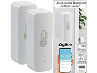 Luminea Home Control 2er-Set ZigBee-Temperatur & Luftfeuchtigkeits-Sensoren mit App; WLAN-Tür & Fensteralarme WLAN-Tür & Fensteralarme WLAN-Tür & Fensteralarme 