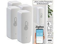 Luminea Home Control 4er-Set ZigBee-Temperatur & Luftfeuchtigkeits-Sensoren mit App; WLAN-Tür & Fensteralarme WLAN-Tür & Fensteralarme WLAN-Tür & Fensteralarme 