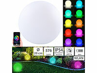 Luminea Home Control WLAN-Akku-Leuchtkugel mit RGBW-LEDs und App, 576 lm, IP54, Ø 20 cm; WLAN-Gartenstrahler mit RGB-CCT-LEDs, App- & Sprachsteuerung, 230 V 