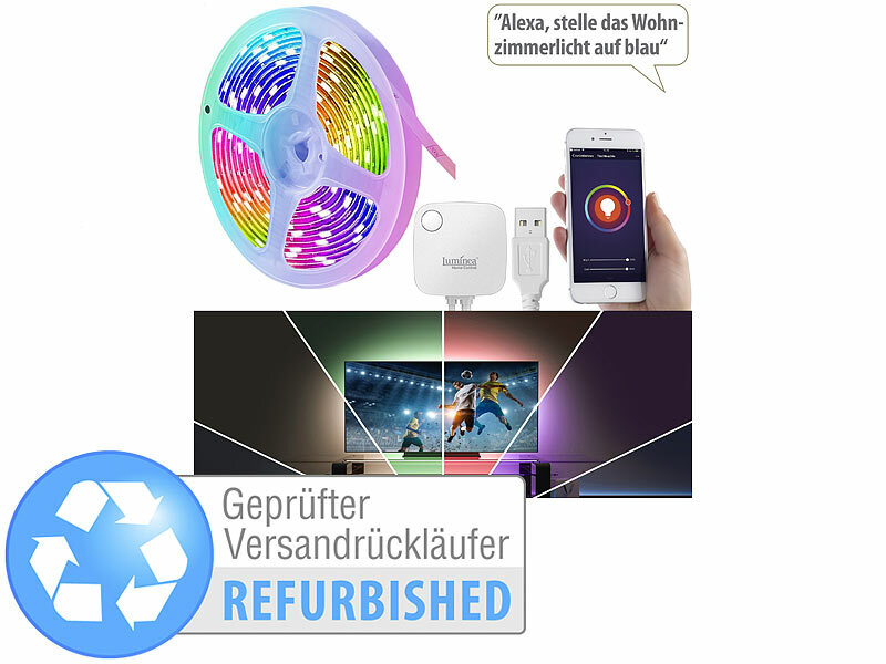 Luminea Home Control WLAN-RGB-LED-Streifen mit Sound-Steuerung, App,  Sprachsteuerung, 5 m