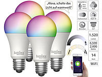 Luminea Home Control 4er-Set WLAN-LED-Lampen, E27, RGB-CCT, 14W(ersetzt 150W), 1.520lm, App; WLAN-LED-Filament-Lampe E27 weiß WLAN-LED-Filament-Lampe E27 weiß WLAN-LED-Filament-Lampe E27 weiß WLAN-LED-Filament-Lampe E27 weiß 
