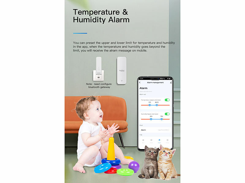 ; ZigBee-Boden-Temperatur- und Feuchtigkeits-Sensoren mit App, WLAN-Universal-Fernbedienungen mit Display, App, Thermo- und HygrometerWLAN-Temperatur- & Luftfeuchtigkeits-Sensoren mit App-Auswertungen 