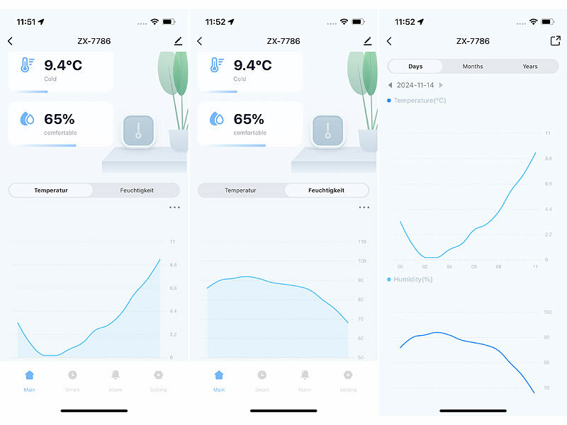 ; Temperatur- & Luftfeuchtigkeits-Sensor mit Bluetooth, App und Sprachsteuerung Temperatur- & Luftfeuchtigkeits-Sensor mit Bluetooth, App und Sprachsteuerung Temperatur- & Luftfeuchtigkeits-Sensor mit Bluetooth, App und Sprachsteuerung 