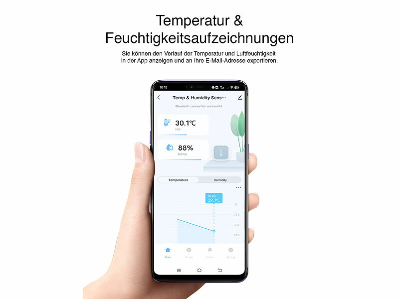 ; Temperatur- & Luftfeuchtigkeits-Sensor mit Bluetooth, App und Sprachsteuerung Temperatur- & Luftfeuchtigkeits-Sensor mit Bluetooth, App und Sprachsteuerung Temperatur- & Luftfeuchtigkeits-Sensor mit Bluetooth, App und Sprachsteuerung 